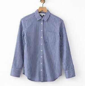 Elizabeth and James Striped Button Down Shirt Blue White Cotton Cinched Back S